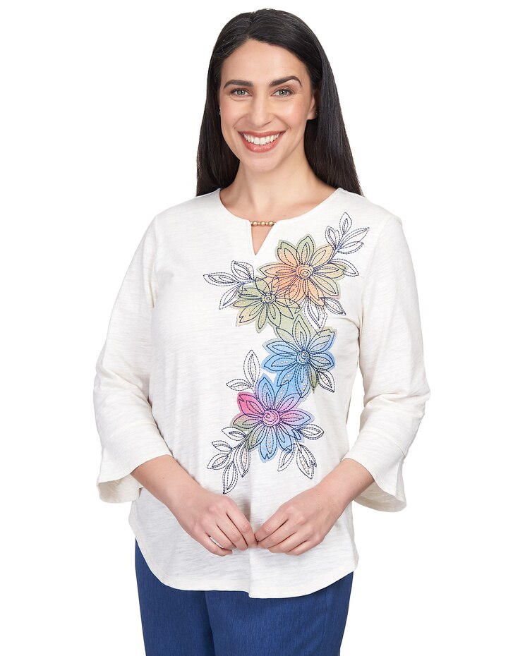 Alfred Dunner® Chelsea Market Asymmetric Flower Embroidery Shirttail Top image number 1