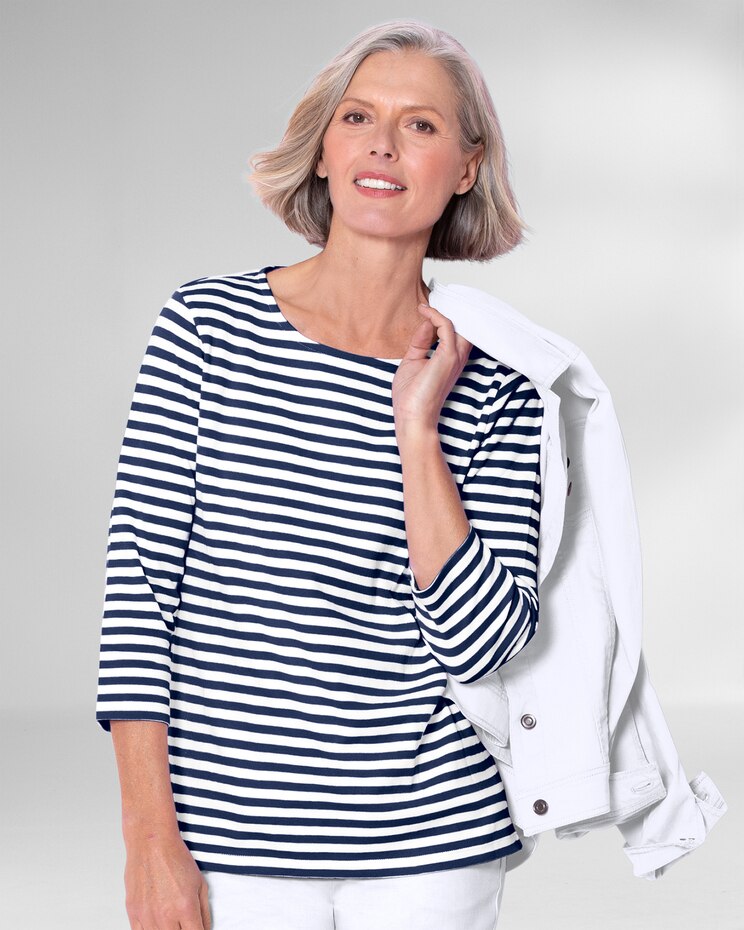 Essential Cotton Striped Three-Quarter-Sleeve Tee image number 1