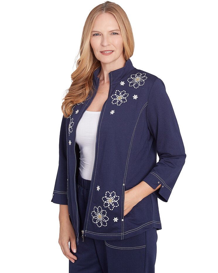 Alfred Dunner® Block Island Embroidered Daisy French Terry Jacket image number 3