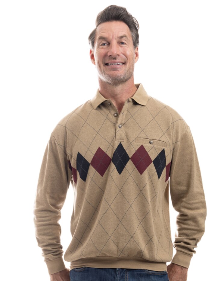 Palmland Long Sleeve Diamond Printed Banded Bottom Polo image number 1
