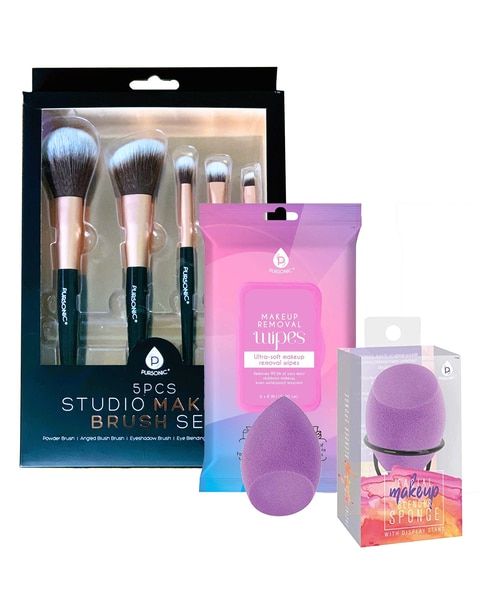 Pursonic Makeup Essentials Bundle: Brushes, Wipes & Blender Sponge