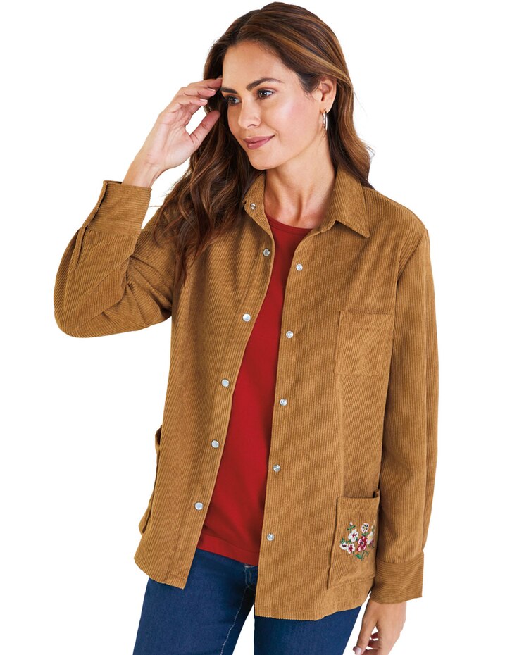 Haband Women’s Snap-Front Corduroy Shirt Jacket with Embroidered Pockets image number 1
