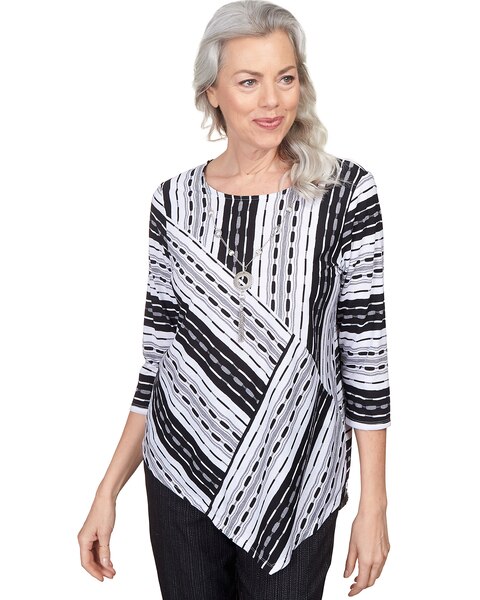 Alfred Dunner® World Traveler Spliced Stripe Asymmetric Hem Top With Necklace