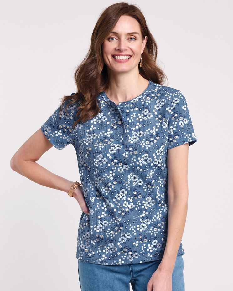 Print Short Sleeve Pointelle Henley Top image number 1