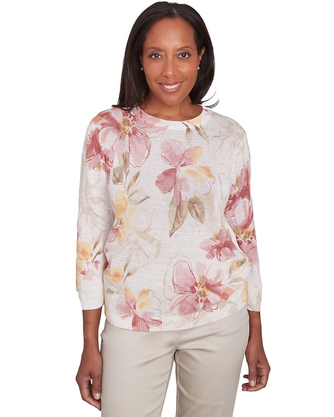 Alfred Dunner® Coming Up Roses Crew Neck Floral Long Sleeve Sweater