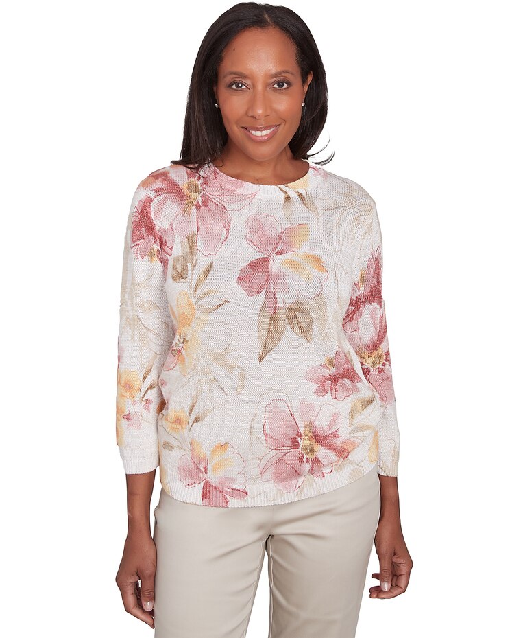 Alfred Dunner® Coming Up Roses Crew Neck Floral Long Sleeve Sweater image number 1