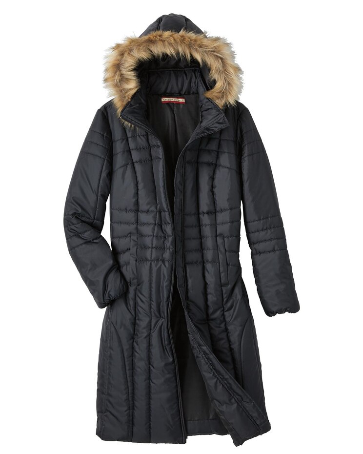 Haband Women's Long Quilted Puffer Jacket with Faux Fur Hood image number 1