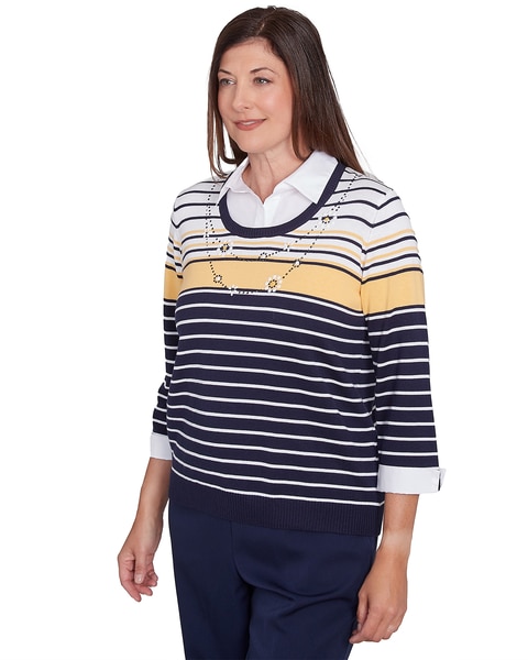 Alfred Dunner® Block Island Striped Two in One Collared Sweater with Necklace