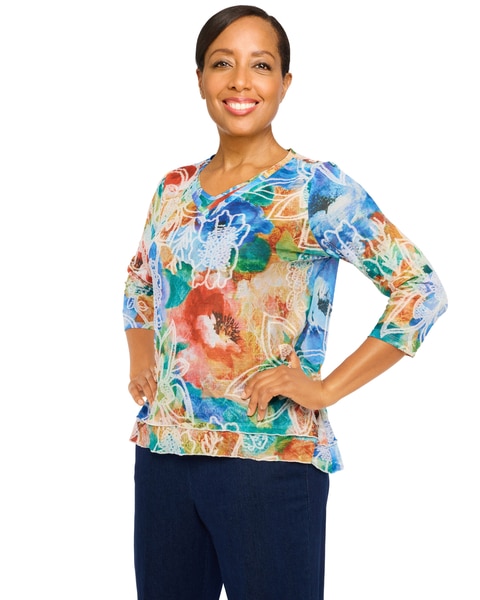 Alfred Dunner® Moody Blues Moody Watercolor Floral V-Neck Top