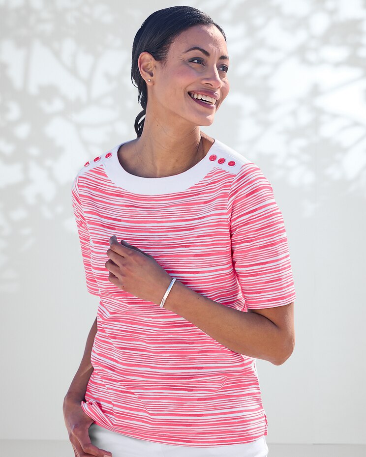 Prima™ Cotton Brushstroke Stripe Button-Trim Bateau Tee image number 1