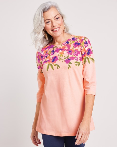 Three-Quarter Sleeve Floral Border-Print Tunic
