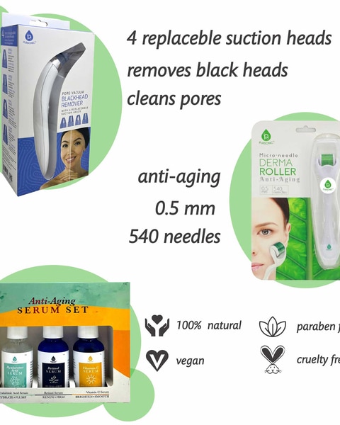 Pursonic Ultimate Rejuvenation Bundle: Micro Needle Derma Roller, Pore Vacuum Blackhead Remover & 3-Pack Anti-Aging Serum Set