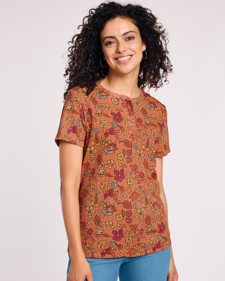 Print Short Sleeve Pointelle Henley Top image number 1
