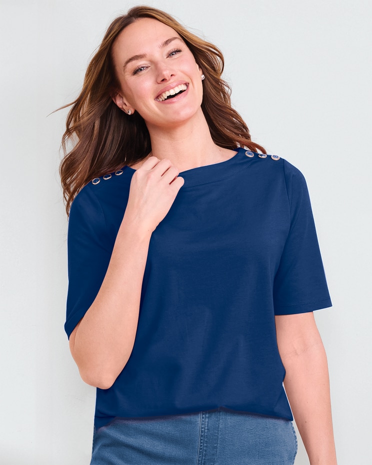Prima™ Cotton Solid Button-Trim Bateau Tee image number 1