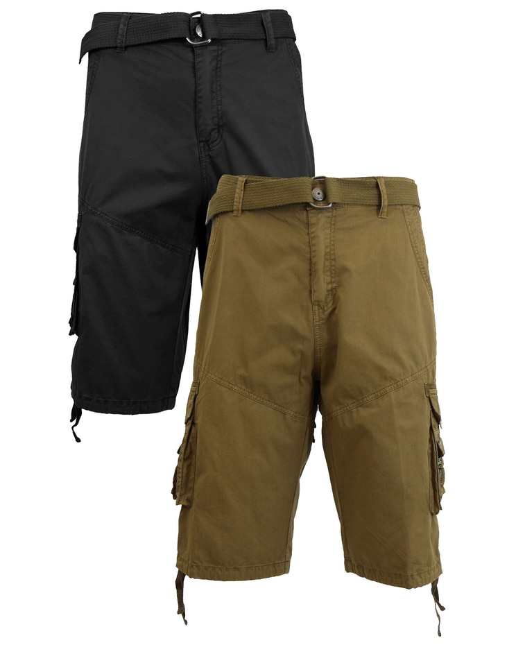 Men's Belted Cargo Shorts With Twill Flat Front Washed Utility Pockets-2 Pack image number 1