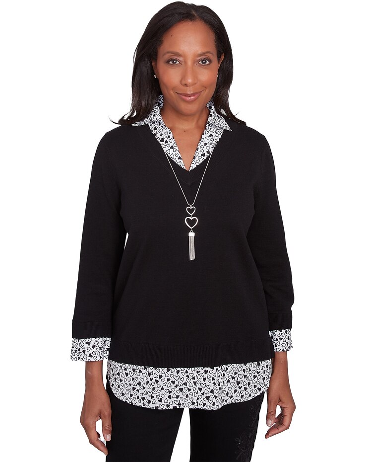 Alfred Dunner® Wild At Heart Heart Woven Trim Two in One Sweater image number 1
