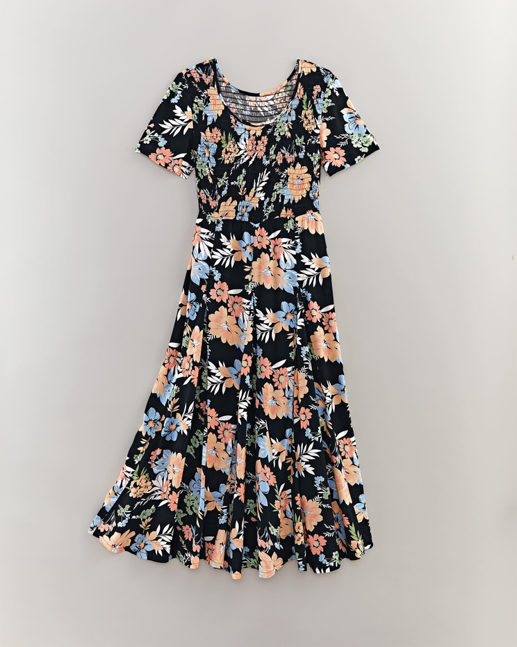 Short-Sleeve Smocked Challis Dress image number 1