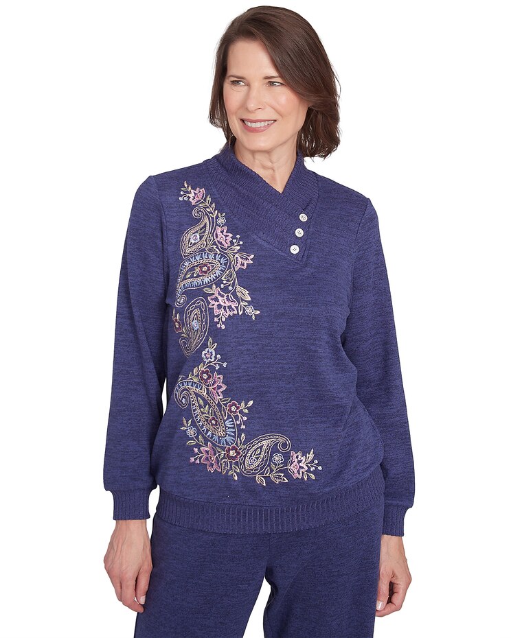 Alfred Dunner® French Quarter Paisley Embroidered Envelope Neck Sweater image number 1