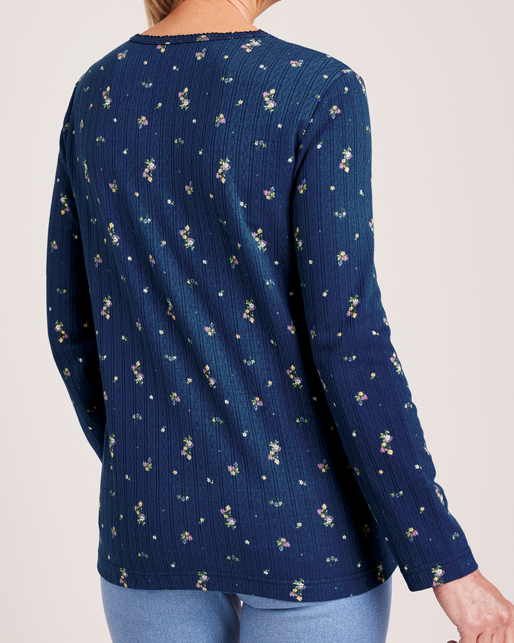 Print Long Sleeve Pointelle Henley Top image number 3