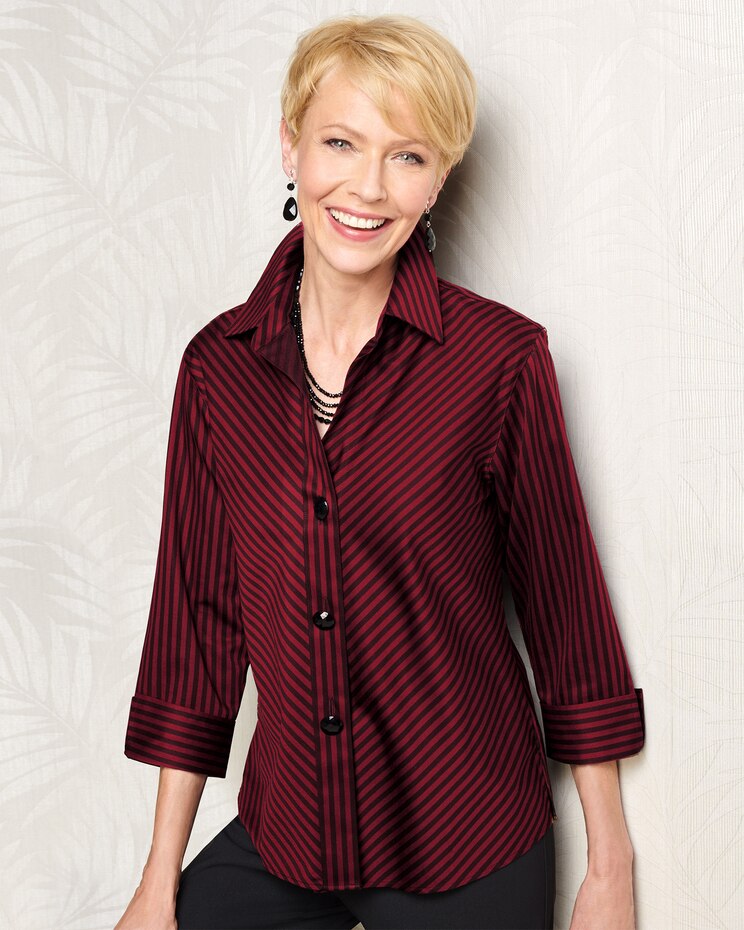 Foxcroft Wrinkle-Free Sateen Bias Stripe 3/4 Sleeve Shirt image number 1