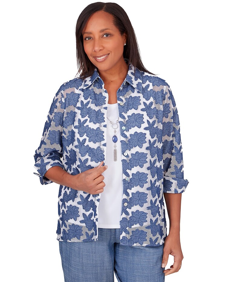 Alfred Dunner® Blue Bayou Mesh Two for One Top with Necklace image number 1