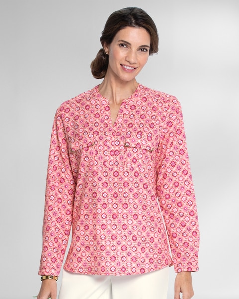 Silky Print Long-Sleeve Utility Blouse