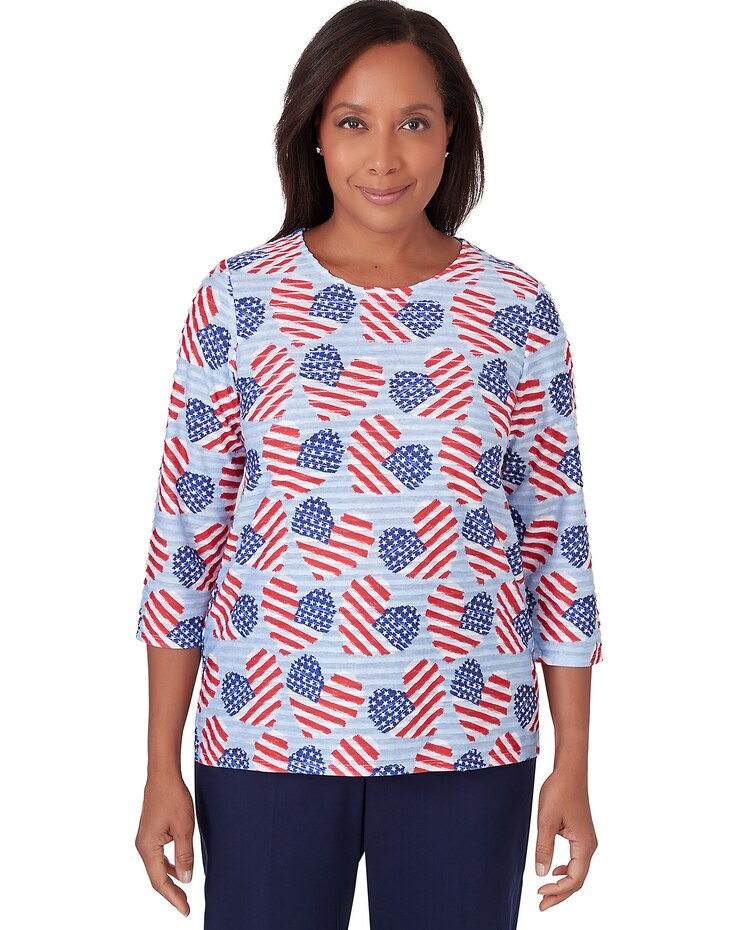 Alfred Dunner® All American Flag Hearts Three Quarter Sleeve Shirt image number 1
