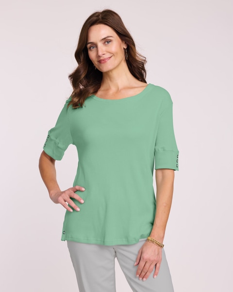 Ribbed Button Trim Top