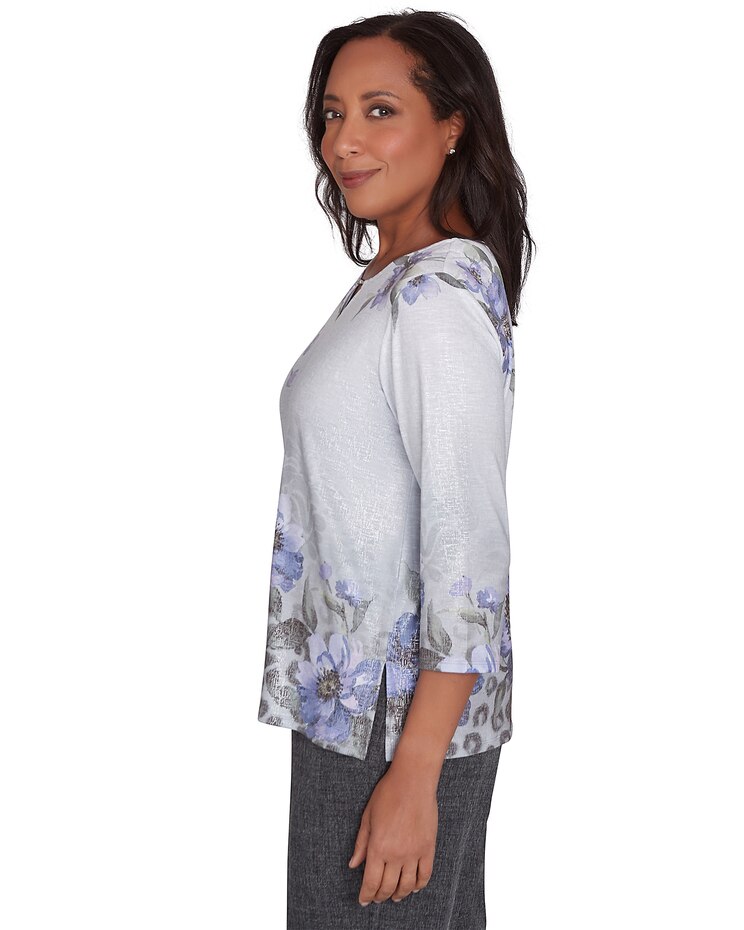 Alfred Dunner® Worth Avenue Beaded Split Neck Floral Shimmer Top image number 4