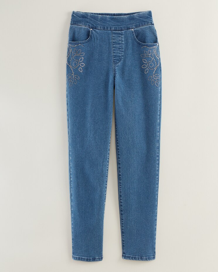 DenimEase™ Flat-Waist Embellished Jeans image number 1