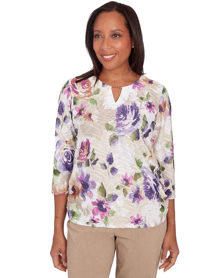 Alfred Dunner® Charm School Embellished Keyhole Floral Textured Top image number 1