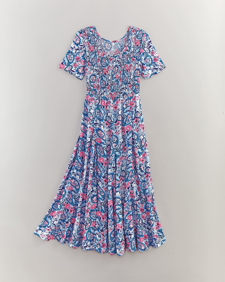 Short-Sleeve Smocked Challis Dress image number 1
