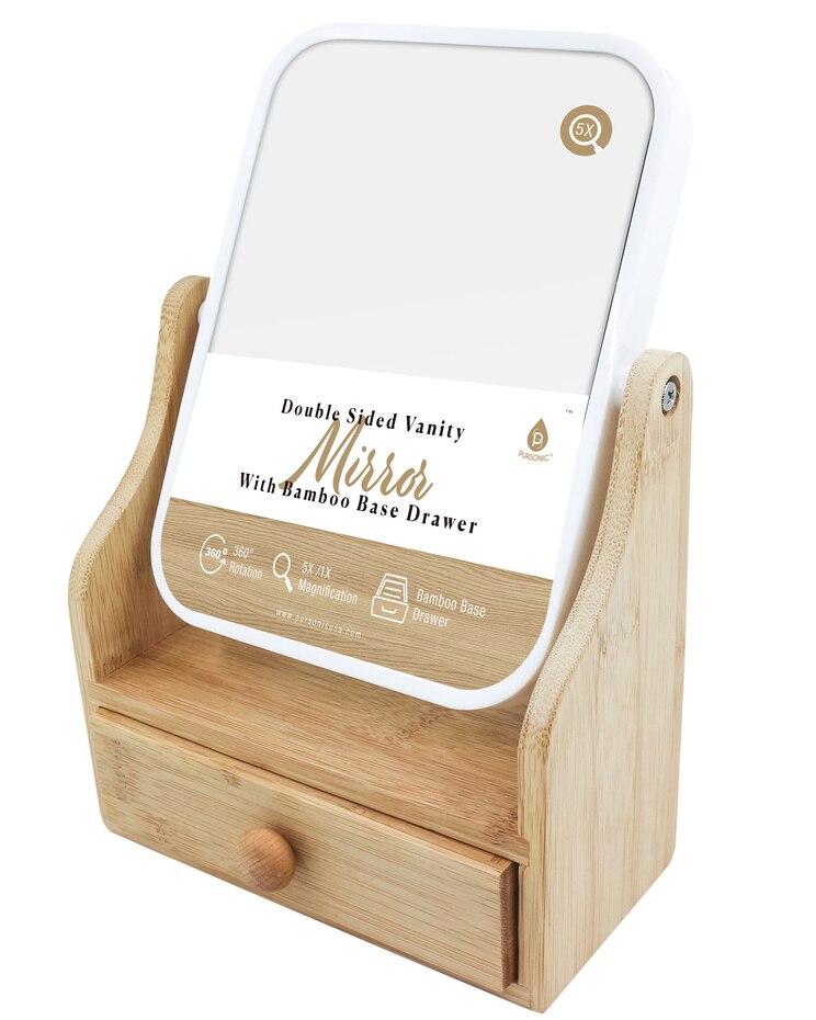 Dual Sided Vanity Mirror w/ Bamboo Base Drawer -5X magnification image number 1