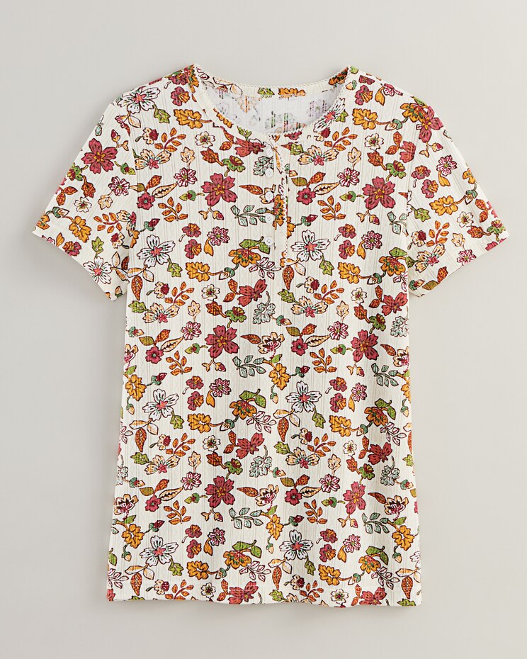 Print Short Sleeve Pointelle Henley Top image number 1