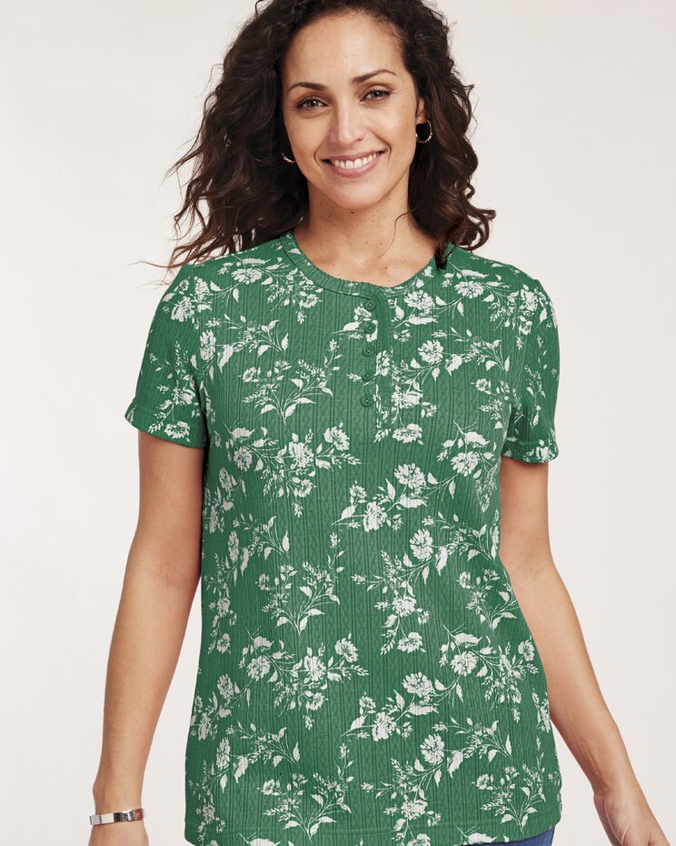 Print Short Sleeve Pointelle Henley Top image number 1