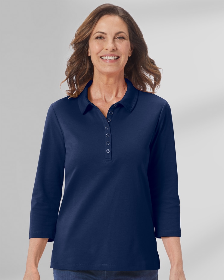 Essential Cotton Solid Three-Quarter-Sleeve Polo image number 1