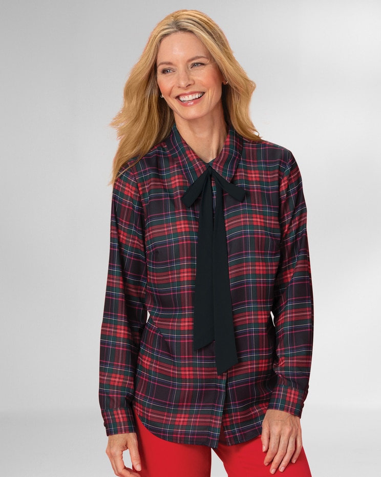 Tie-Neck Tartan Blouse image number 1