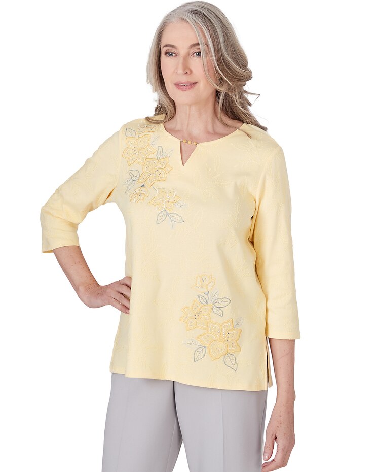 Alfred Dunner® Charleston Three Quarter Sleeve Top with Embroidered Floral Details image number 3