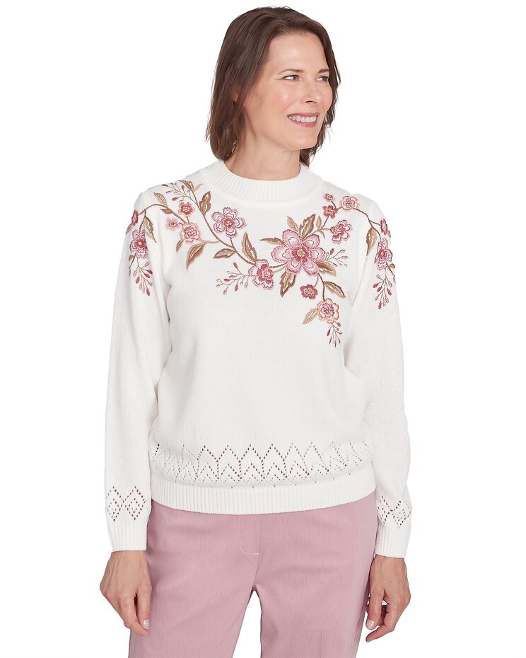 Alfred Dunner® Telluride Floral Embroidered White Chenille Sweater image number 1