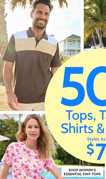 50% off* tops, tanks, shirts & polos styles as low as $7.49 shop women's anytime tees