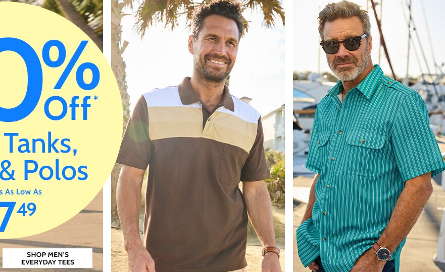 50% off* tops, tanks, shirts & polos styles as low as $7.49 shop men's everyday tees