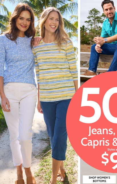 50% off* jeans, pants, capris & shorts styles as low as $9.99 including denimease johnblairflex haband shop women's bottoms