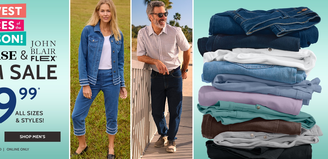 Lowest prices of the season! Denimease & John Blair Flex denim sale, now $19.99 - all sizes & styles! Shop Men's (prices as marked, online only)