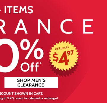 1000+ items up to 80% off as low as $4.97 clearance shop women's clearance no code needed. discount shown in cart. all sales final. items ending in $.97 cannot be returned or exchanged. no code needed. discount shown in cart.