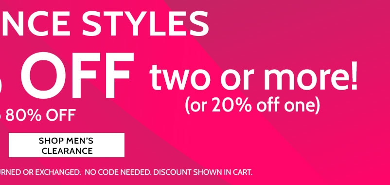 All clearance styles take an extra 30% off two or more! (or 20% off one). Save up to 80% off. All clearance sales fina, items ending in $.97 cannot be returned or exchanged. No code needed, discount shown in cart. Shop men's clearance