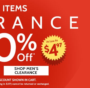 1200+ items up to 80% off clearance shop women's clearance no code needed. discount shown in cart. all sales final. items ending in $.97 cannot be returned or exchanged. no code needed. discount shown in cart.