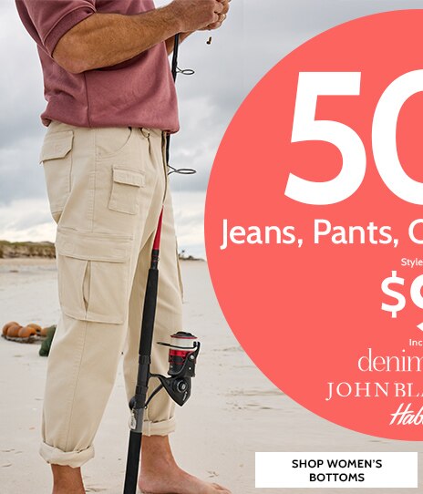 50% off* jeans, pants, capris & shorts styles as low as $9.99 including denimease johnblairflex haband shop women's bottoms